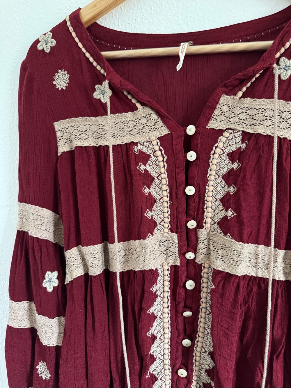 Free People Boho Embroidered Button-Front Peasant Top - Burgundy - Picture 2 of 3